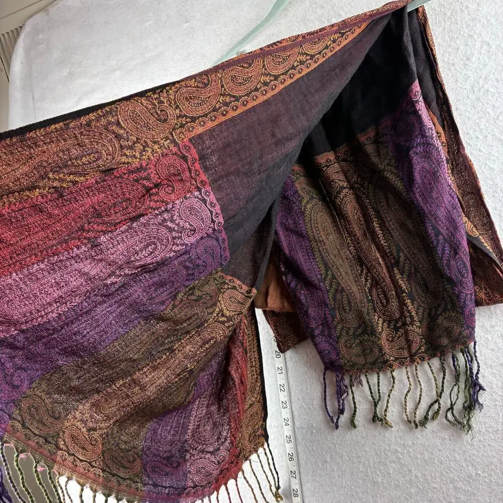 Boho Hippi Scarf Shawl Multicolor Fringe Floral Paisley Motif Stripe Renaissance